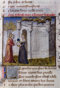 Een galante scène tussen twee geliefden: het meisje nodigt haar minnaar uit om binnen te komen. Miniatuur uit "Le Romanesque de la Rose" door Guillaume de Lorris