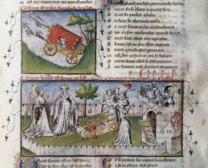 Hoe Venus arriveert en het kasteel bestormt dat door jaloezie is gebouwd, Miniatuur door Guillaume Lorris uit het manuscript Le Romanesque de la Rose door Guillaume de Lorris