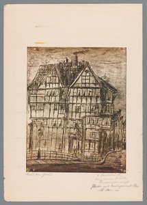 Reproductie van een prent of tekening met gezicht op een oud huis, mogelijk te Greiz in Duitsland