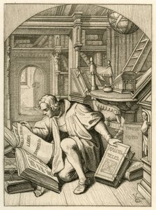 Luther leest in de universiteitsbibliotheek van Erfurt. Hij vond een Latijnse Bijbel