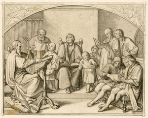 Luthers introductie van Duitse protestantse religieuze hymnen samen met zijn kinderen en vrienden onder leiding van Johannes Walther (1496-1570) door Gustav Ferdinand Leopold Konig