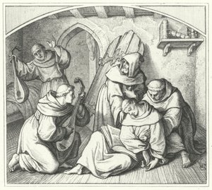 Maarten Luther valt flauw met een Bijbel in zijn hand en zijn vrienden brengen hem weer bij bewustzijn