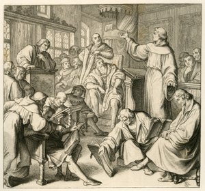 Maarten Luther in discussie met Dr. Johannes Eck (Johann Maier von Eck) (1486-1543), aan de kant van Luther staan Philipp Melanchthon (1497-1560) en Karlstadt (Andreas Rudolf Bodenstein von Karlstadt) door Gustav Ferdinand Leopold Konig