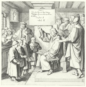 Maarten Luther introduceert de Catechismus aan schoolkinderen (gravure) door Gustav Ferdinand Leopold Konig