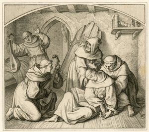 Maarten Luther is bewusteloos in zijn kloostercel, samen met andere monniken die luit spelen door Gustav Ferdinand Leopold Konig