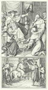 Maarten Luther verlaat de pauselijke legaat in Wittenberg, Thomas Cajetan (boven). Maarten Luther verlaat de stad Augsburg (onder) (gravure)
