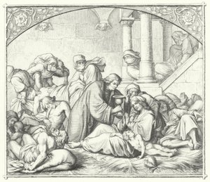 Maarten Luther biedt troost aan pestlijders (gravure) door Gustav Ferdinand Leopold Konig