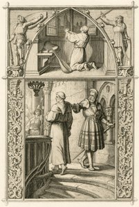 Maarten Luther bereidt zich voor met een gebed voor de ontmoeting met de keizer (bovenste afbeelding); hoofdbeeld: Luther ontmoet de ridder George (Georg) von Frundsberg (Jorg von Fronsberg, Freundsbergin) door Gustav Ferdinand Leopold Konig