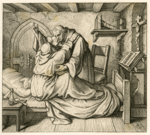 Martin Luther ontvangt troost van een oude monnik, omdat hij uitgeput was door lichaam en geest door Gustav Ferdinand Leopold Konig