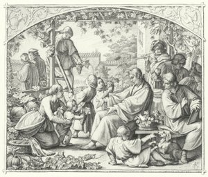 Maarten Luther met zijn familie en enkele van zijn tijdgenoten genietend van de zomer (gravure)