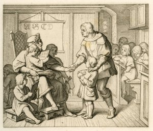 Maarten Luthers inschrijving op school in Mansfeld, in deze illustratie samen met zijn vader Hans