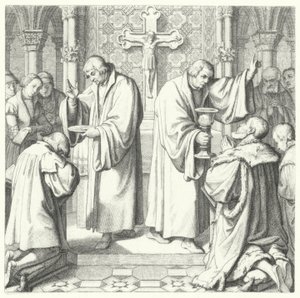 De Heilige Communie getoond in zowel protestantse als katholieke vormen (gravure) door Gustav Ferdinand Leopold Konig