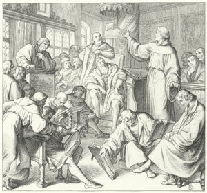 Het debat van Leipzig, Andreas Karlstadt, Johann Eck en Maarten Luther, 1519 door Gustav Ferdinand Leopold Konig