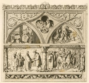 De reis van Maarten Luther naar graaf Mansfeld (Hoyer VI van Mansfeld-Vorderort (1477-1540); afbeelding linksboven: de verdrietige Katharina, in het midden: de woedende Saale-rivier, rechts: Luther samen met zijn zonen. afbeelding onder: Luther en graaf