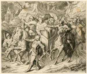 De ontvoering van Maarten Luther op zijn terugreis - 1521 - door Hauptmann von Berlepsch en Burkhard Hund, vanwege de pauselijke ban en de rijksban van de keizer door Gustav Ferdinand Leopold Konig