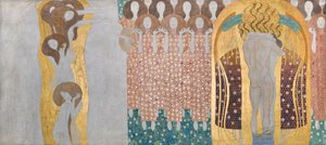 Beethovenfries: De kunsten, paradijskoor en omhelzing - Paneel 8, rechter lange muur door Gustav Klimt