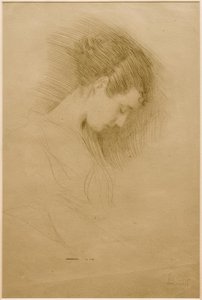 Portret van een meisje met gebogen hoofd naar rechts door Gustav Klimt