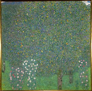 Rozen onder de bomen. 1918 (schilderij op doek) door Gustav Klimt