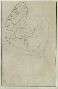 Halfnaakt zittend met gesloten ogen door Gustav Klimt
