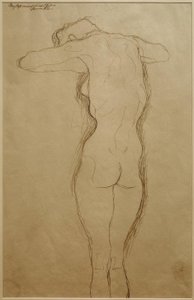 Staande rugnaakt, armen horizontaal gebogen (studie) door Gustav Klimt