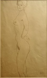 Staande vrouwelijke naakt naar links, de hand in de... door Gustav Klimt