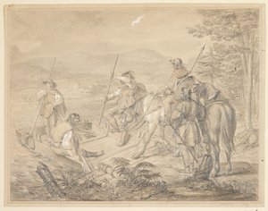 Landschap met ruiters bij een veerboot door Gustav Schlick