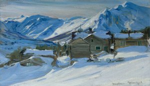 Bergboerderij in sneeuwlandschap door Gustav Wentzel
