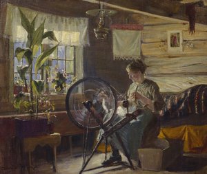 Vrouw in boerderij interieur