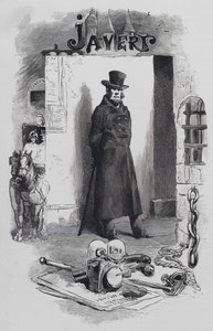 Scène uit Les Miserables, door Victor Hugo: Javert, de detective (gravure) door Gustave (after) Brion