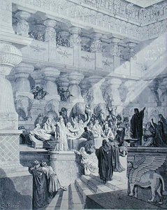 Daniel die het schrift op de muur uitlegt, gegraveerd door A. Ligny