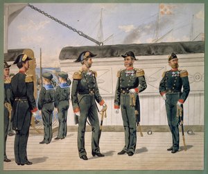 Officieren van de Deense marine in gala-uniform. Aquarel door Gustav Brock