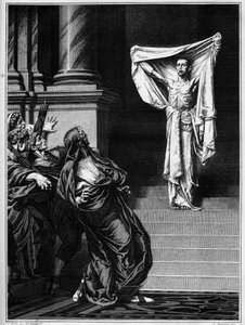 San Sebastian en de Romeinse keizer Maximianus Hercules (Marcus Aurelius Valerius Maximianus) (250 - 310). Gravure naar een schilderij van Gustave Boulanger (1824-1888) gepresenteerd op de Salon van 1877. door Gustave Clarence Rodolphe Boulanger