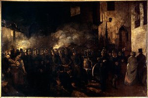 Brandweerlieden die een brand bestrijden. Schilderij door Gustave Courbet (1819-1877) 1850