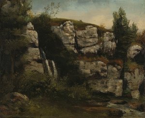 Landschap met rotsen en waterval. 1872 door Gustave Courbet
