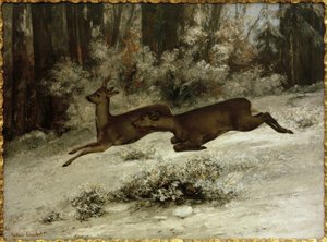 Het wisselen, jachttafereel op reeën in Franche-Comté door Gustave Courbet