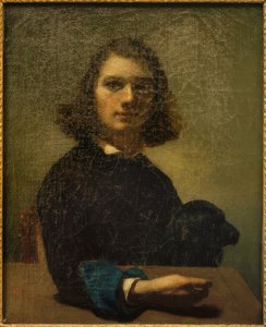 Klein portret van de kunstenaar met zwarte hond