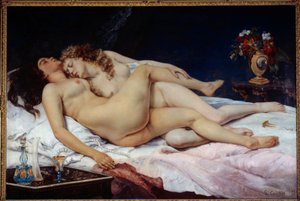 Slaap. Twee naakte vrouwen omhelsd in een bed