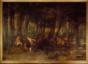 Lente bronst, hertengevecht door Gustave Courbet