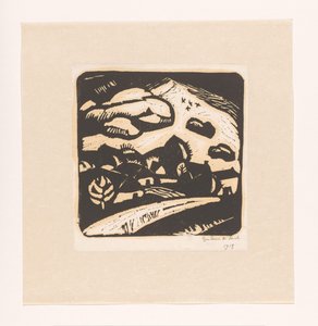 Landschap met huizen, weg en berg