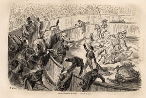 Een stier die de barrière oversteekt tijdens een stierengevecht in Valencia door Gustave Dore
