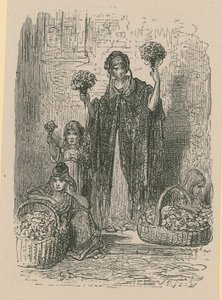 Een groep jonge vrouwen die bloemen uit manden verkopen door Gustave Dore
