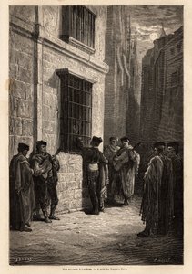 Een serenade in het maanlicht, in de straten van Cordoba, de minnaar, gitaar in de hand, spreekt zachtjes tegen zijn verloofde door een tralieraam, reciteert gedichten of zingt een lied voor haar. Tekening door Gustave Dore (1832-1883). Gravure ter illustr door Gustave Dore