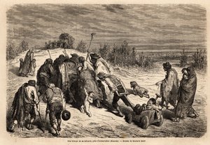 Een groep bedelaars en zieken, een ware hof van wonderen, op weg naar een diligence om aalmoezen te vragen door Gustave Dore