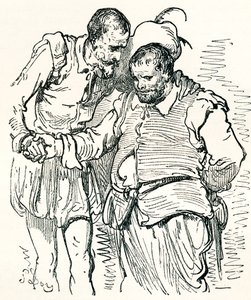 Na een originele tekening van Gustave Dore van Don Quichot en Sancho Panza uit Leven en Herinneringen van Gustave Dore, gepubliceerd 1885 door Gustave Dore