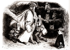 Albian Camar, meester Aeditue van het Eiland Sonnante en zijn vogels - illustratie door Gustave Dore voor volledige werken van Francois Rabelais - Vijfde Boek van Pantagruel