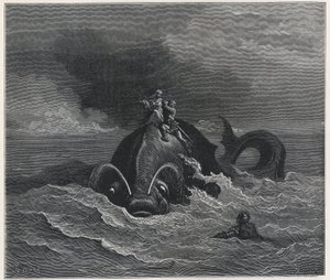 "Alcina (Alcina) en Renaud (Rinaldo) dragen Astolfo (Astholfo) op de rug van een walvis (Orlando furioso) door Ludovico Ariosto (1474-1533) 19e eeuw (gravure) door Gustave Dore