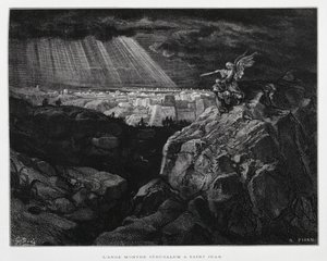 Een engel met Johannes de Doper voor Jeruzalem, Illustratie uit de Dore Bijbel door Gustave Dore
