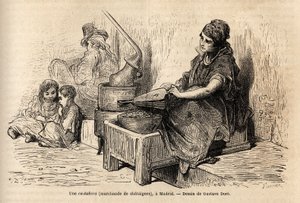 Een kastanjehandelaar in de open lucht, met haar draagbare oven, schets op de levendige in de Puerta del Sol, in Madrid. Gravure door Gustave Doré (1832-1883) ter illustratie van zijn reis naar Spanje, met Ch. Davillier (redacteur), in 1862, gepubliceerd i door Gustave Dore