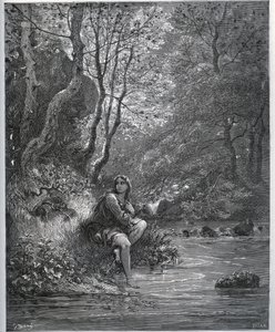 Verschijning van Dorothee in boerenkleding - uit "Don Quichot de la Mancha" door Miguel Cervantes (1547-1616) - Houtsnede naar tekening van Gustave Dore