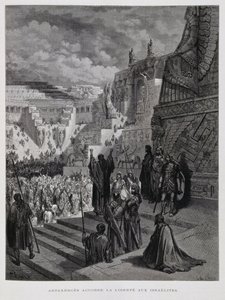 Artaxerxes verleent vrijheid aan de Joden in Perzië, Illustratie uit de Dore Bijbel door Gustave Dore